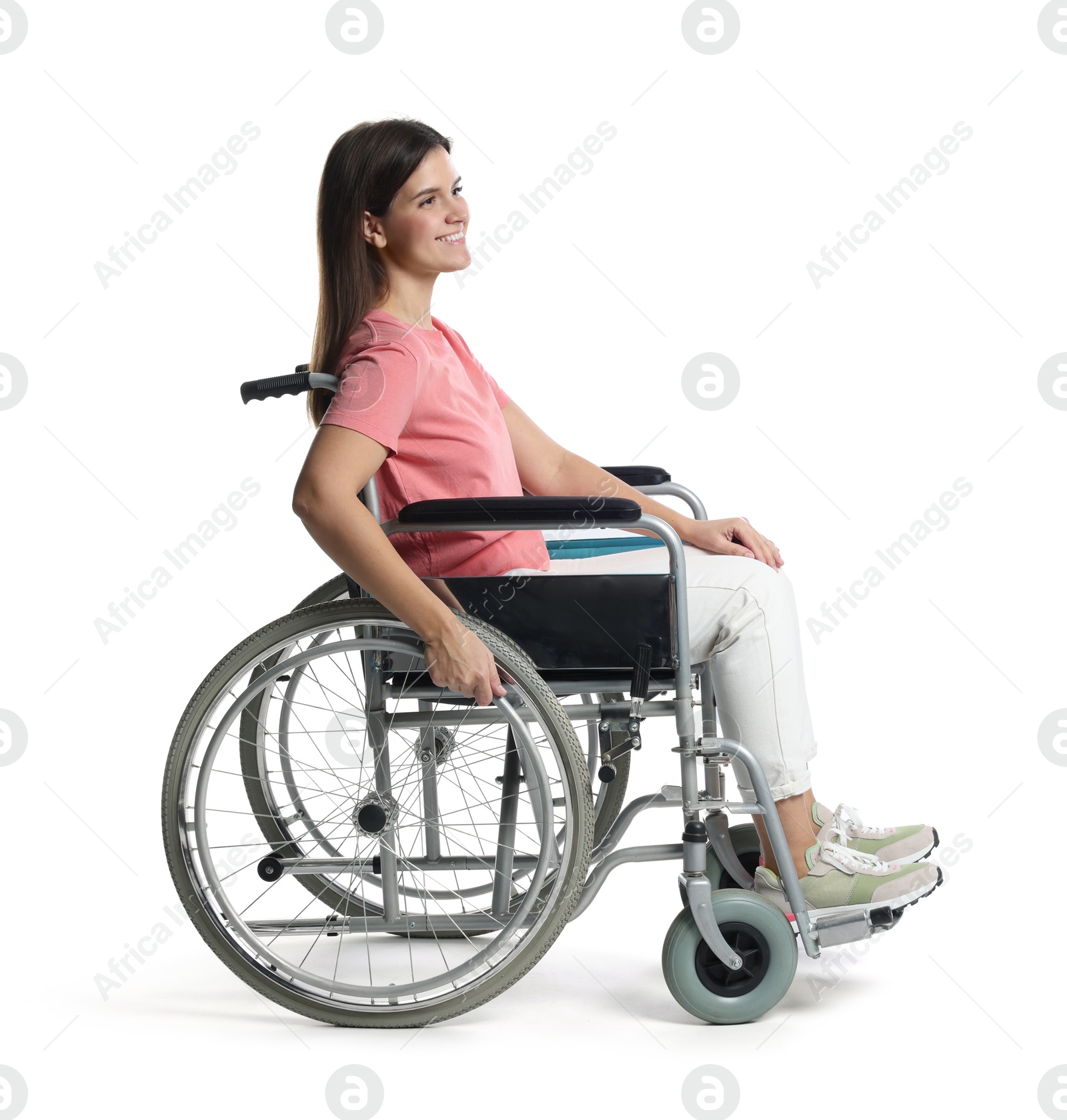 Photo of Smiling woman in wheelchair on white background