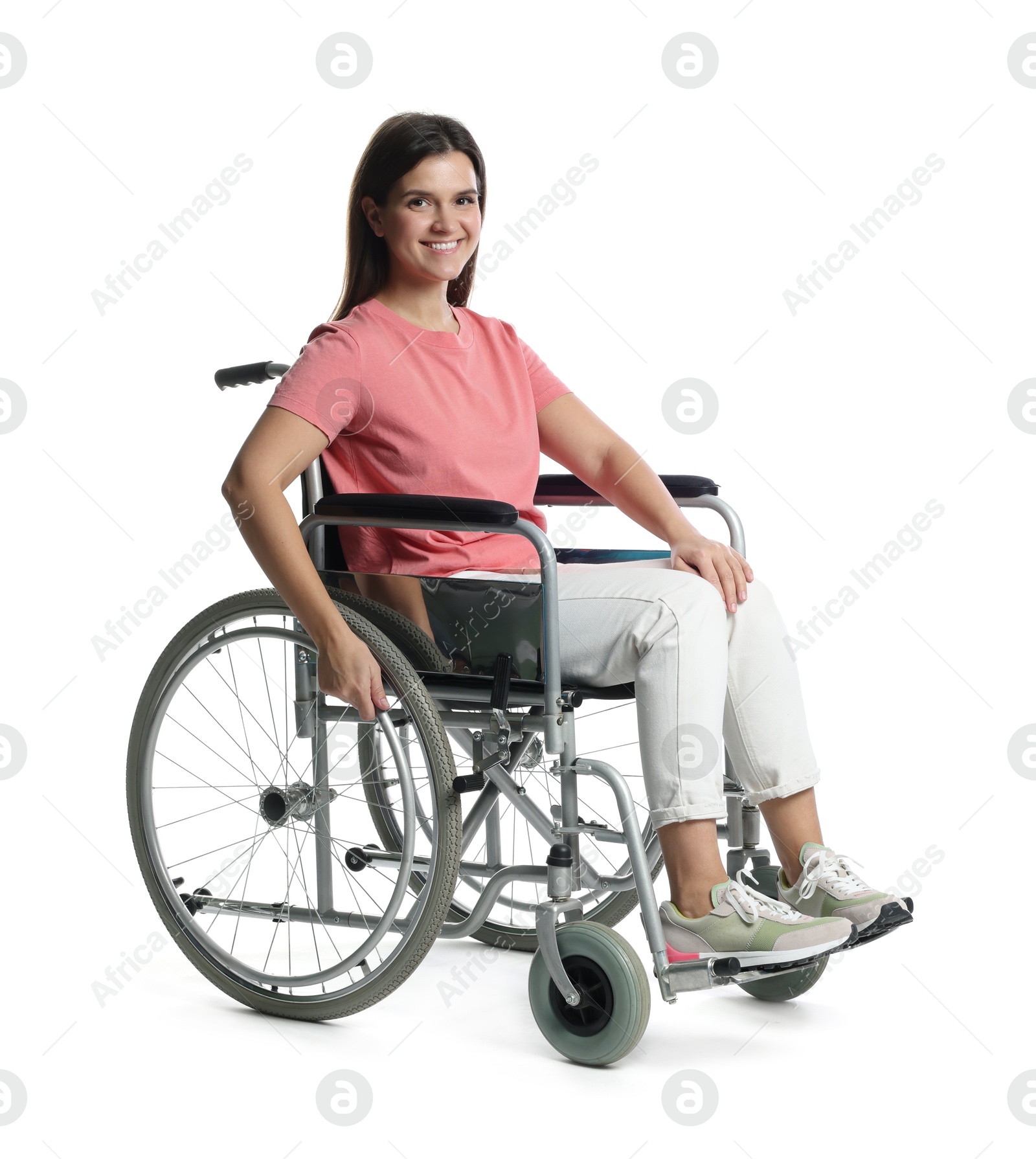 Photo of Smiling woman in wheelchair on white background