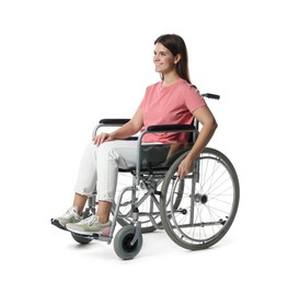 Photo of Smiling woman in wheelchair on white background