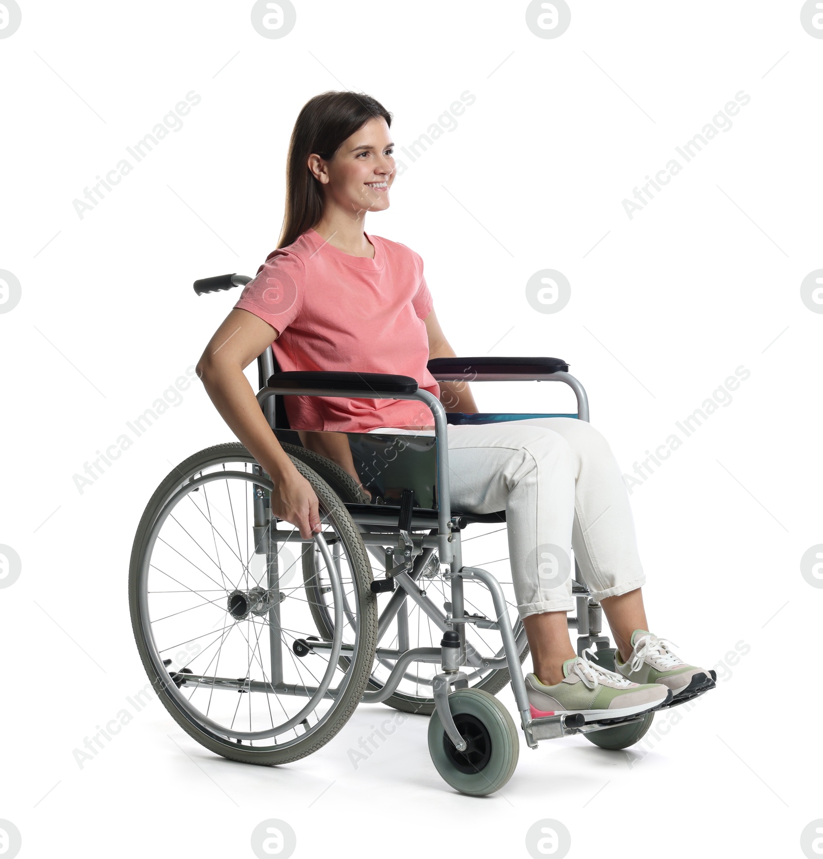 Photo of Smiling woman in wheelchair on white background