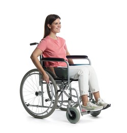 Photo of Smiling woman in wheelchair on white background