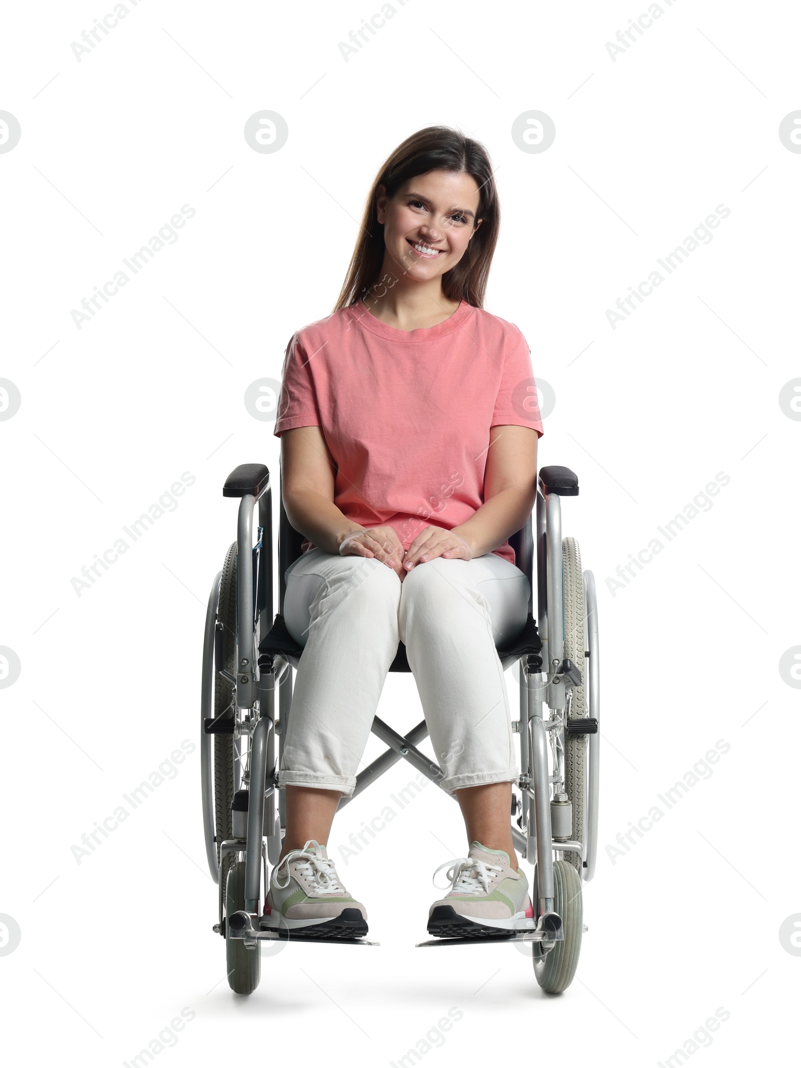 Photo of Smiling woman in wheelchair on white background