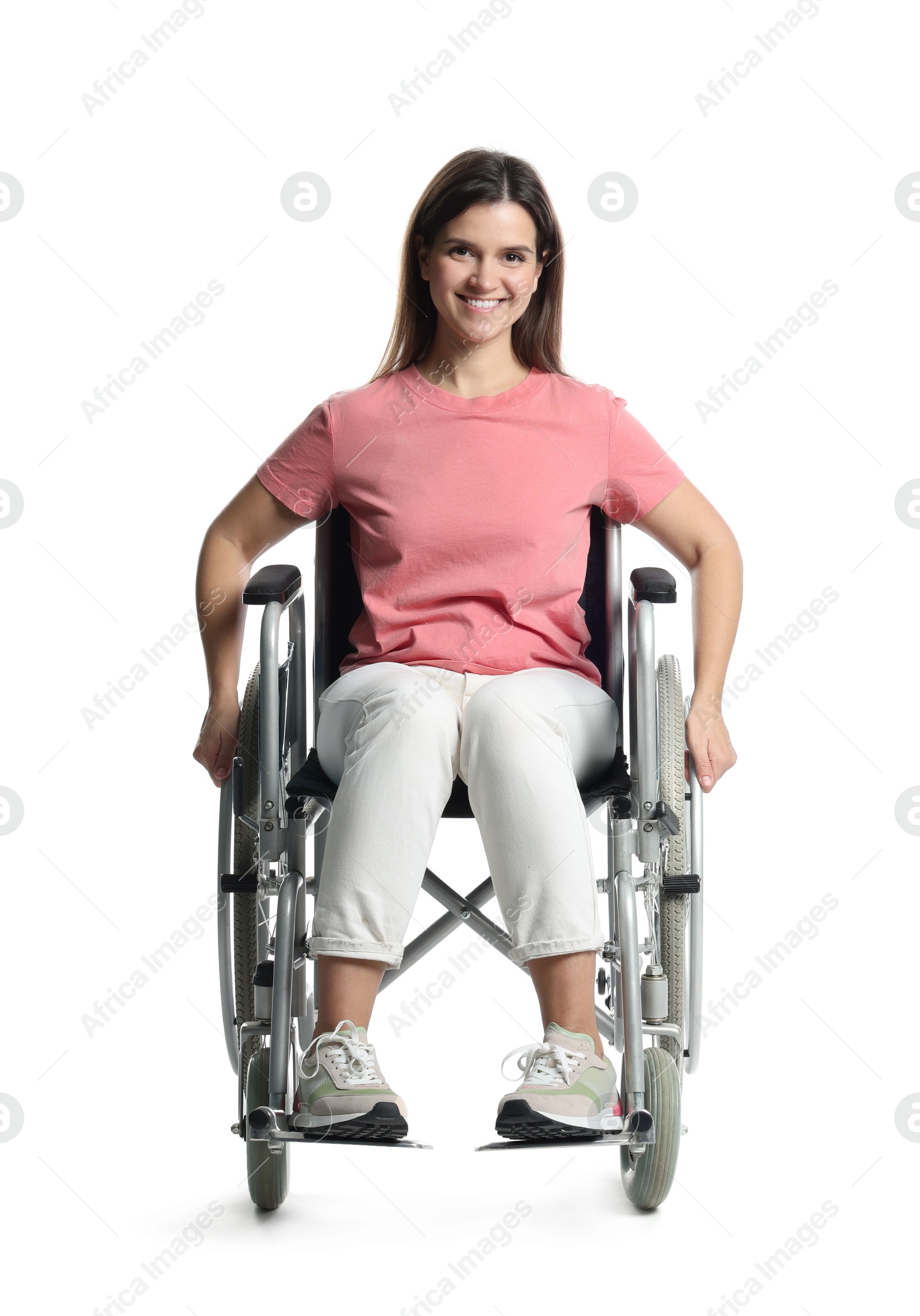 Photo of Smiling woman in wheelchair on white background