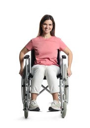 Photo of Smiling woman in wheelchair on white background