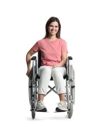 Photo of Smiling woman in wheelchair on white background