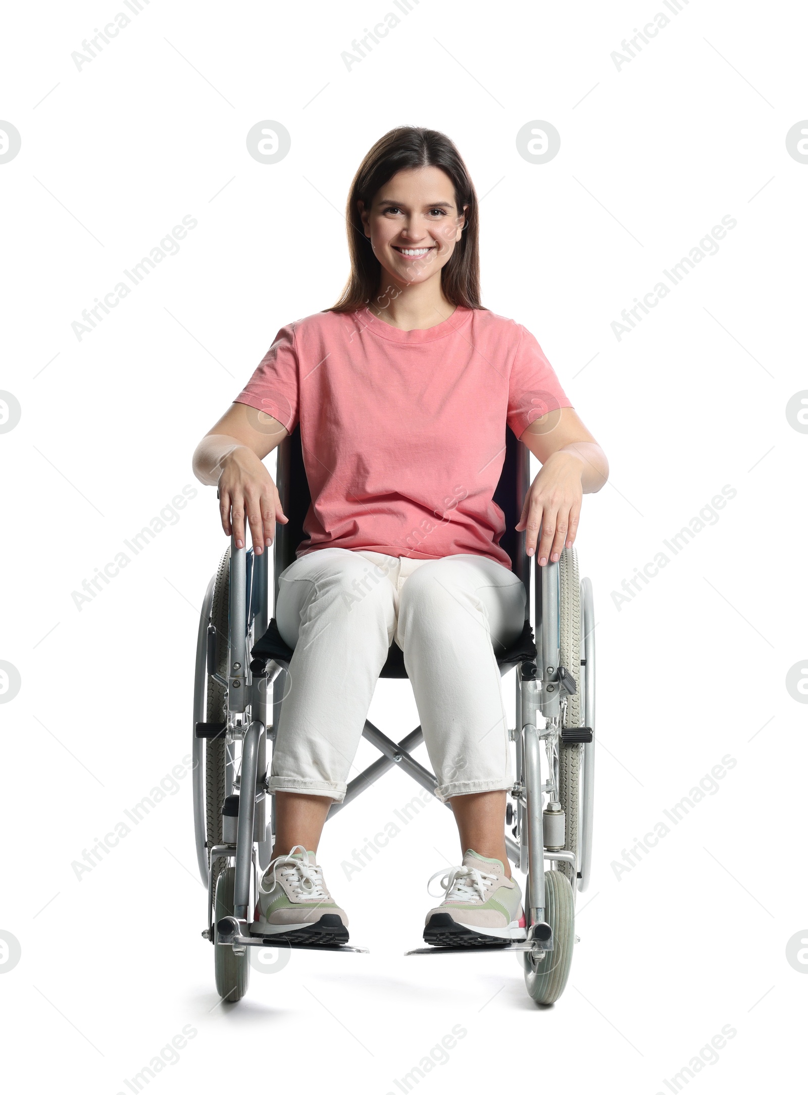 Photo of Smiling woman in wheelchair on white background