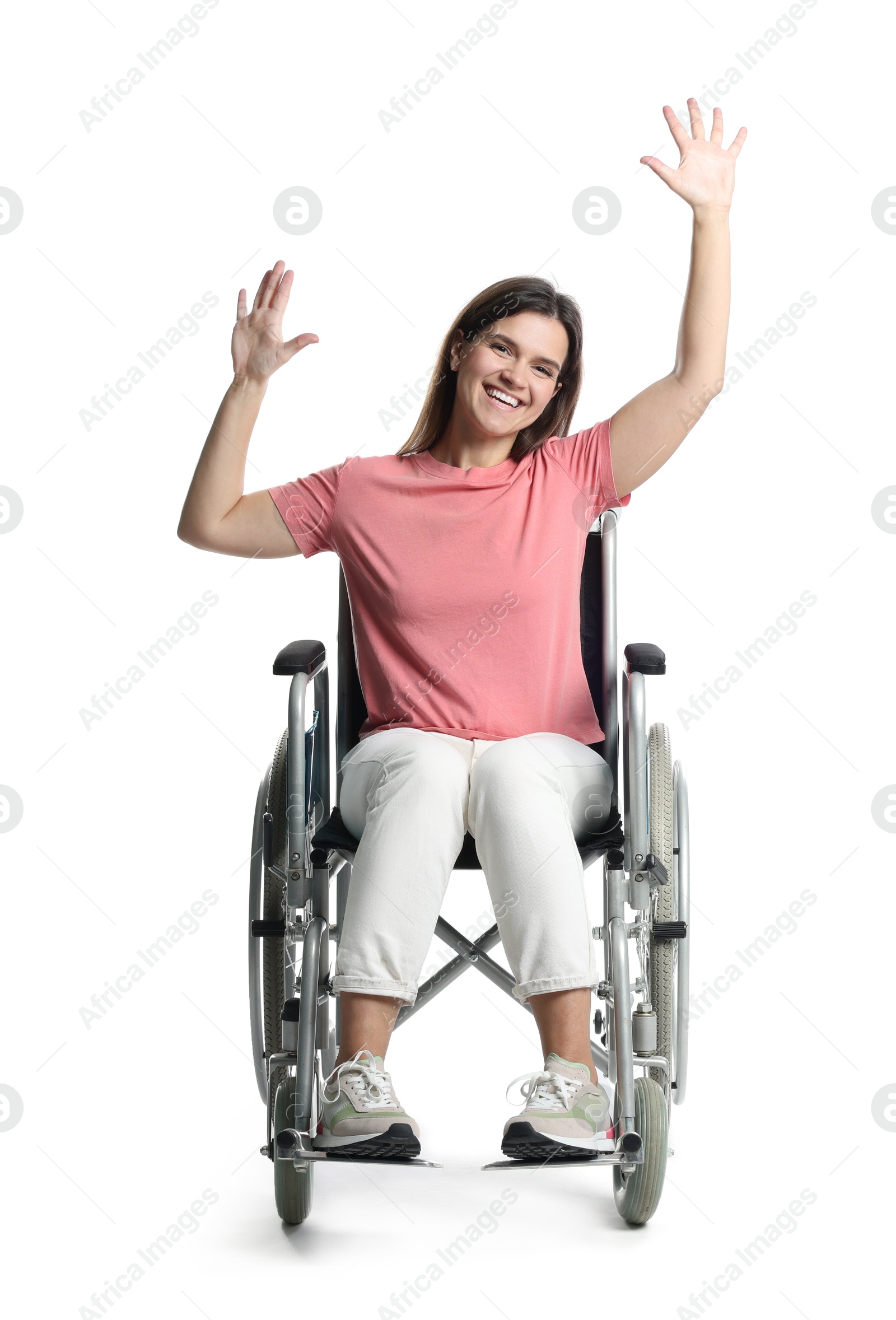 Photo of Smiling woman in wheelchair on white background