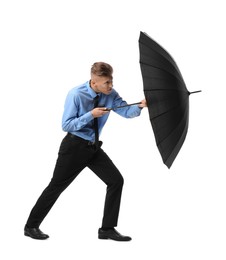 Man with black umbrella on white background