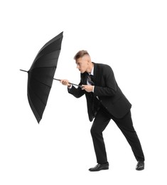 Photo of Man in suit with black umbrella on white background