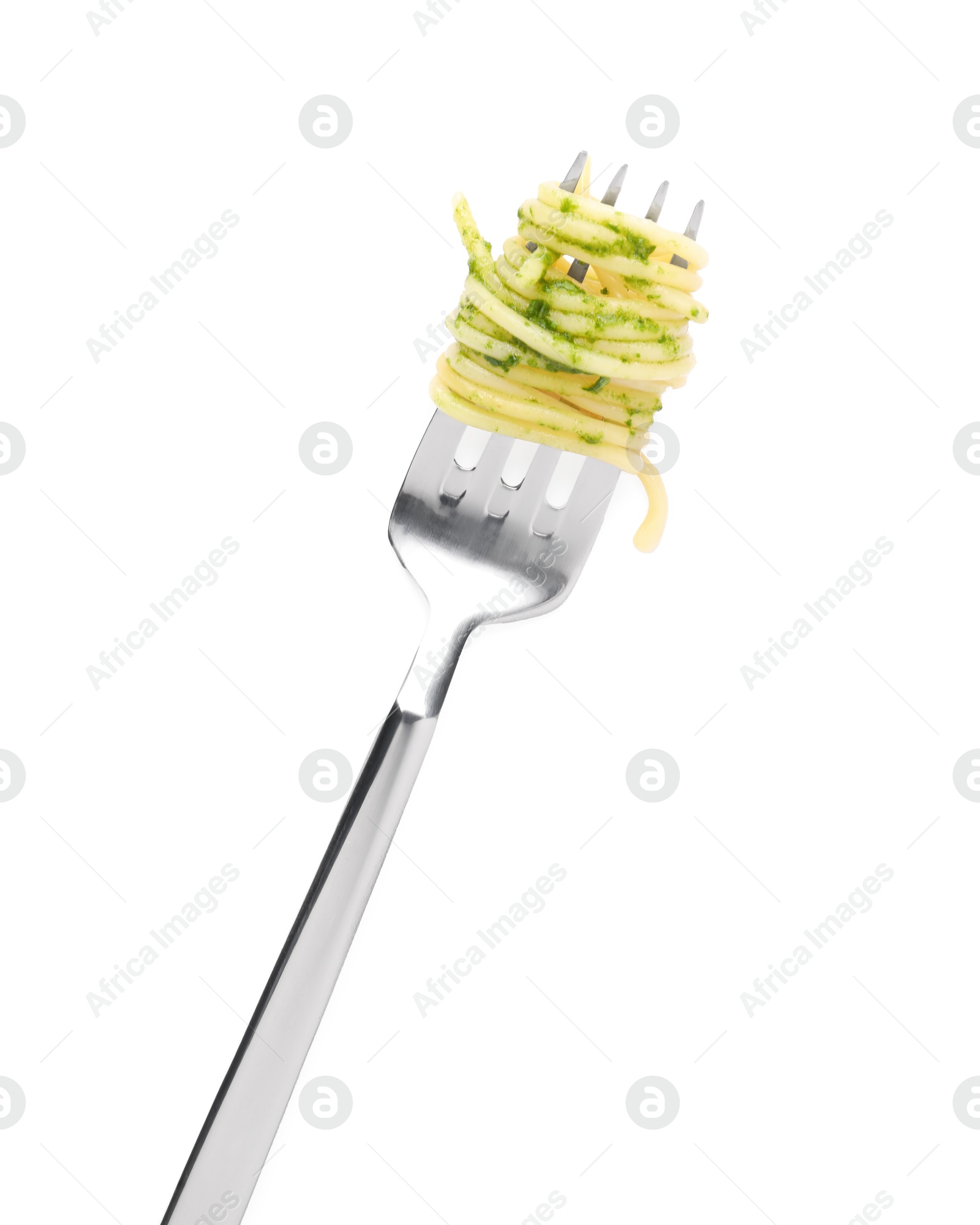 Photo of Fork with tasty pasta on white background, top view