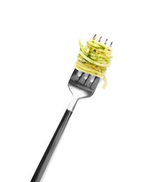 Photo of Fork with tasty pasta on white background, top view