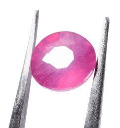 Photo of Tweezers with shiny pink gemstone isolated on white