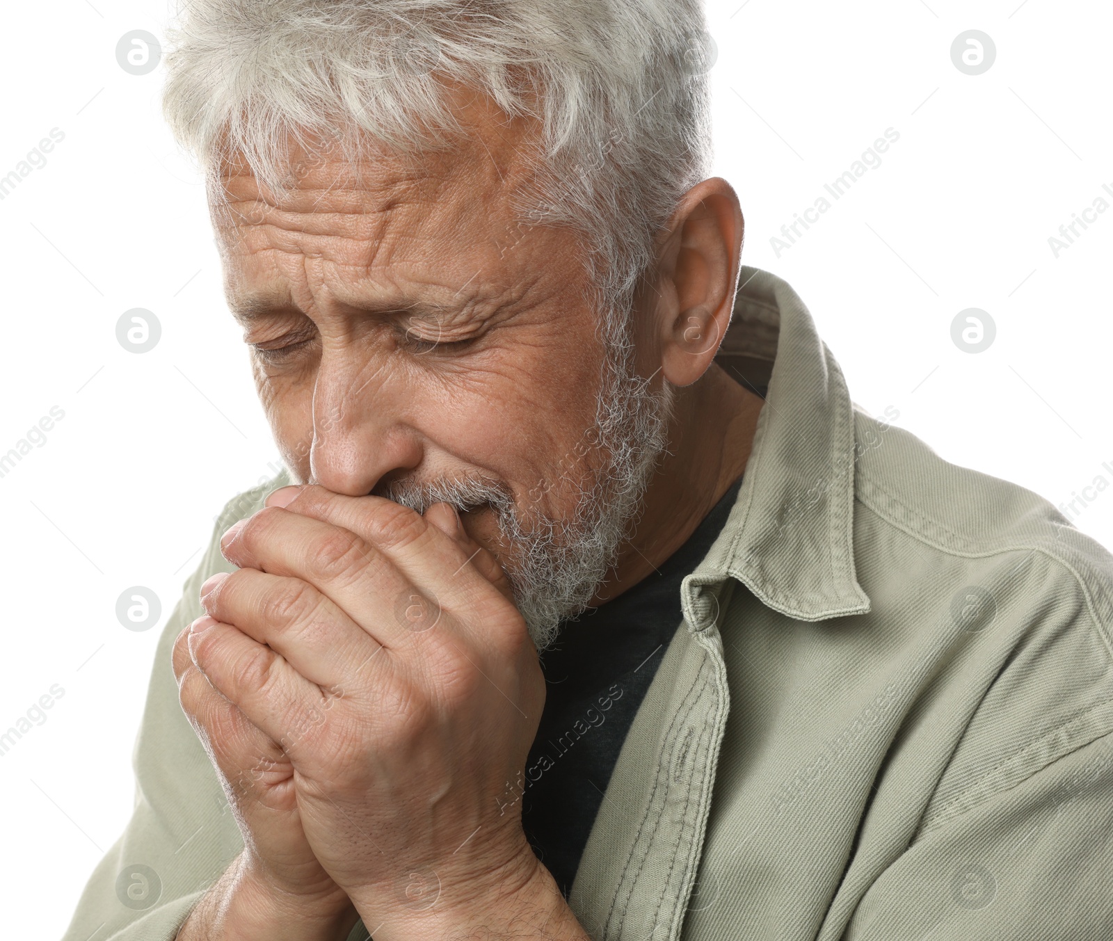 Photo of Sad senior man crying on white background