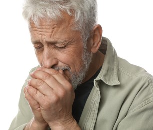 Photo of Sad senior man crying on white background