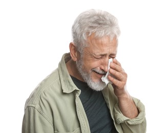 Photo of Sad senior man crying on white background