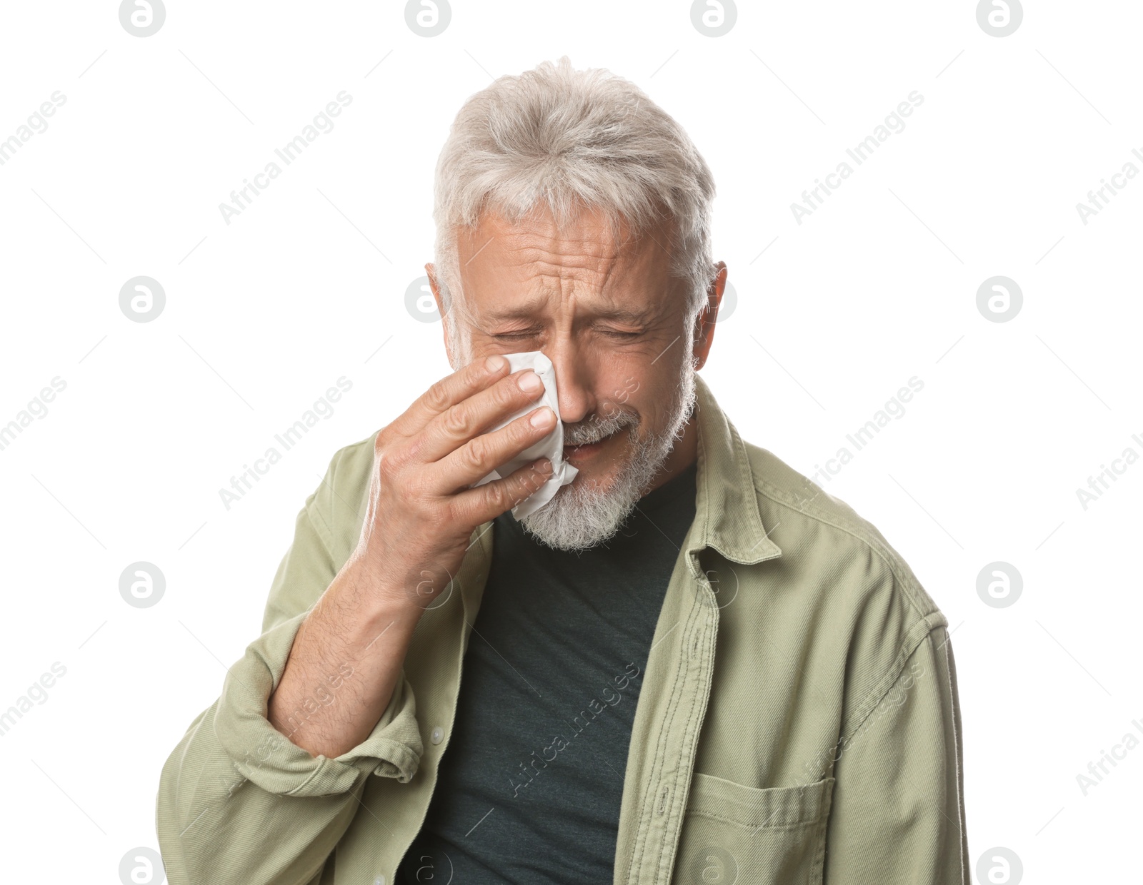 Photo of Sad senior man crying on white background