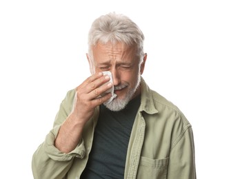 Photo of Sad senior man crying on white background