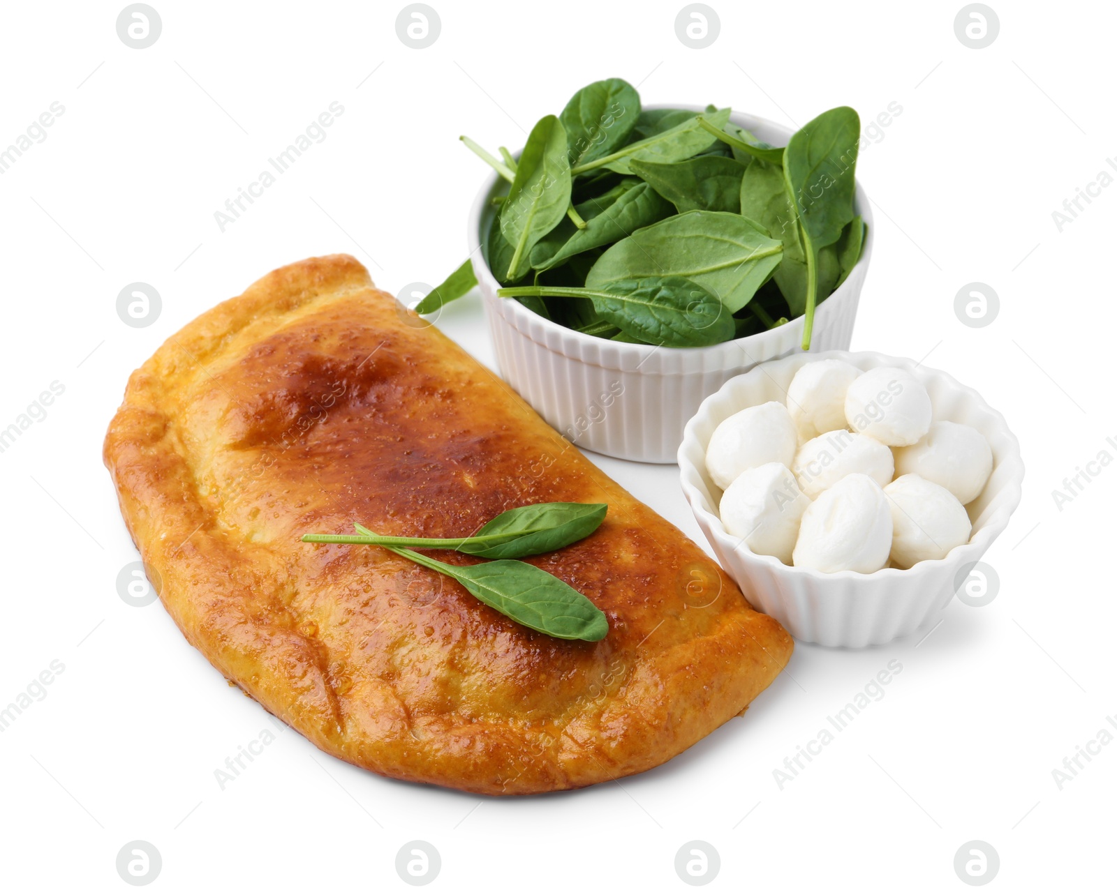 Photo of Tasty calzone with basil and mozzarella cheese isolated on white