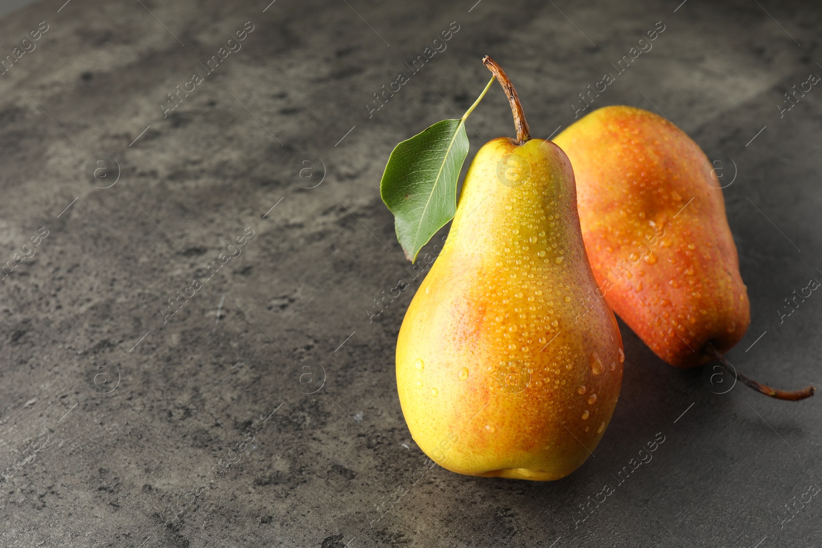 Photo of Two ripe juicy pears on grey table, closeup. Space for text