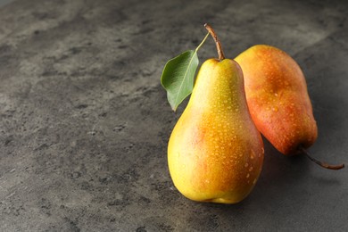 Photo of Two ripe juicy pears on grey table, closeup. Space for text