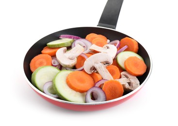 Photo of Frying pan with mix of fresh vegetables and mushrooms isolated on white