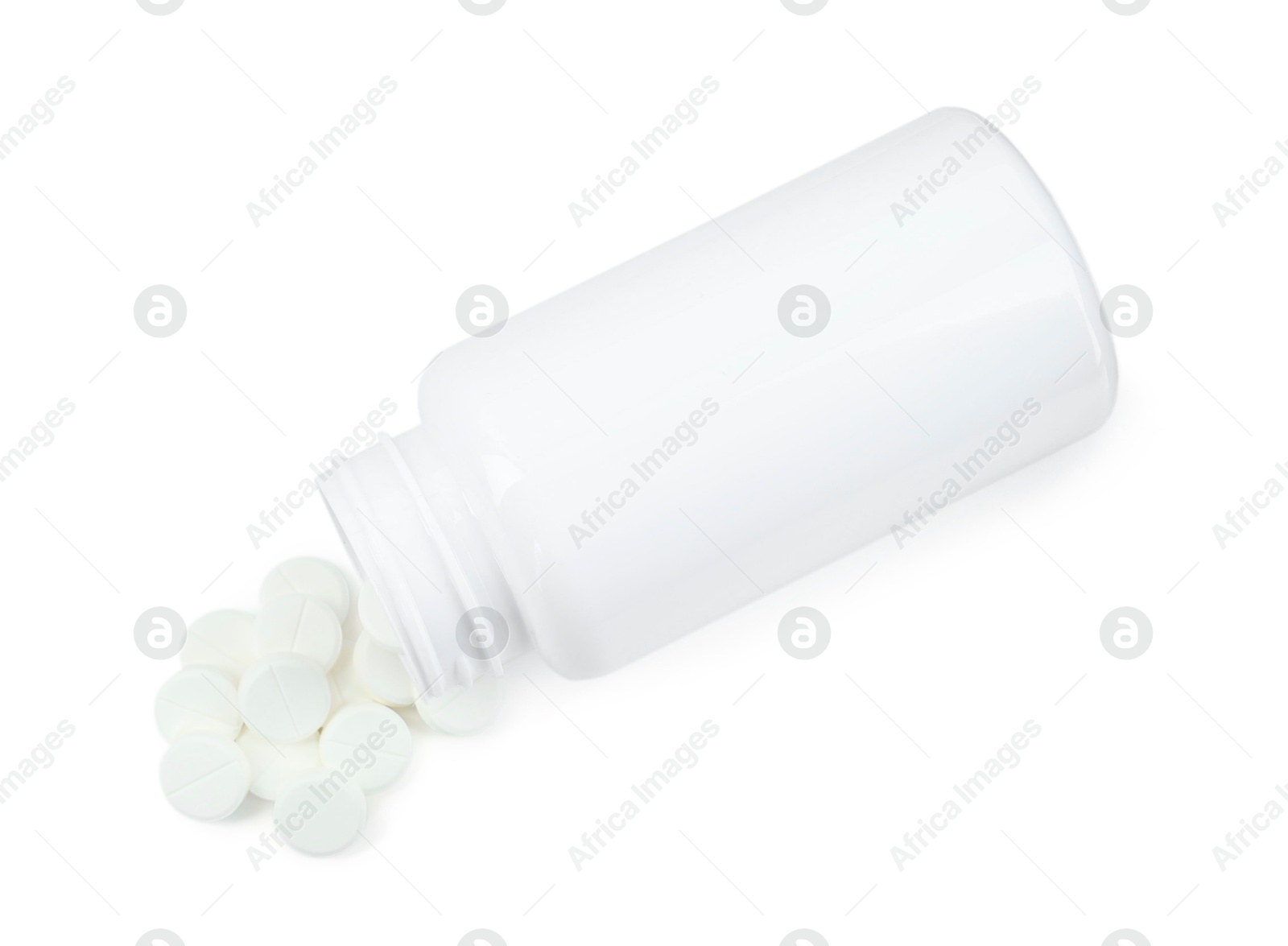 Photo of Medical bottle with antibiotic pills isolated on white, top view