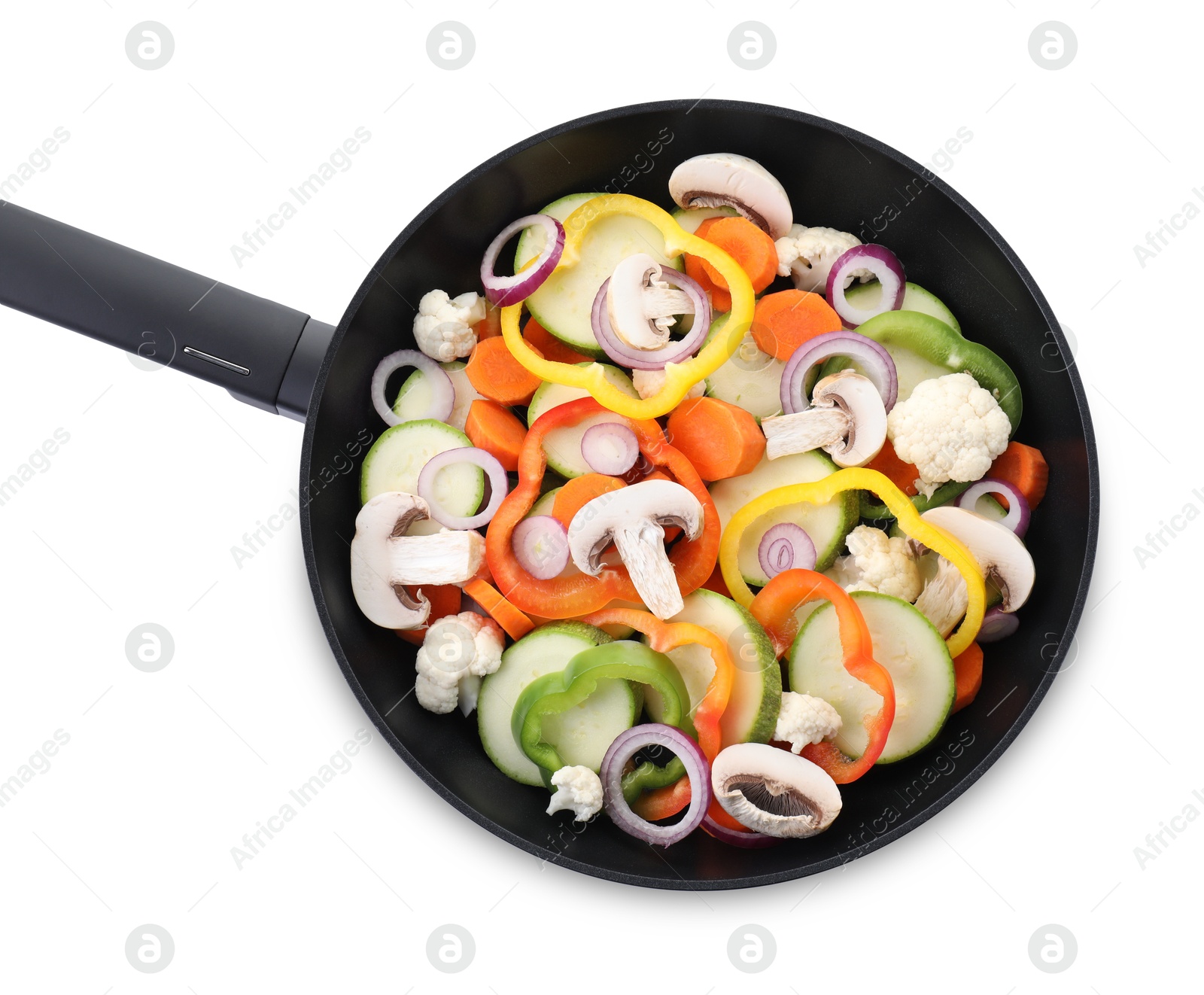 Photo of Frying pan with mix of vegetables and mushrooms isolated on white, top view