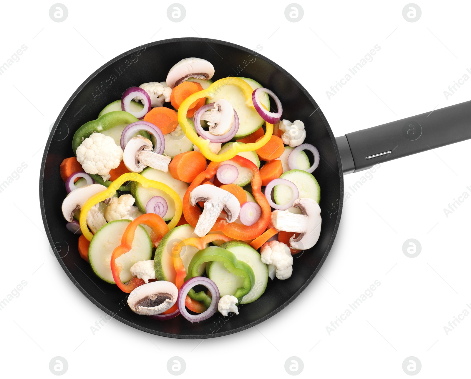 Photo of Frying pan with mix of vegetables and mushrooms isolated on white, top view