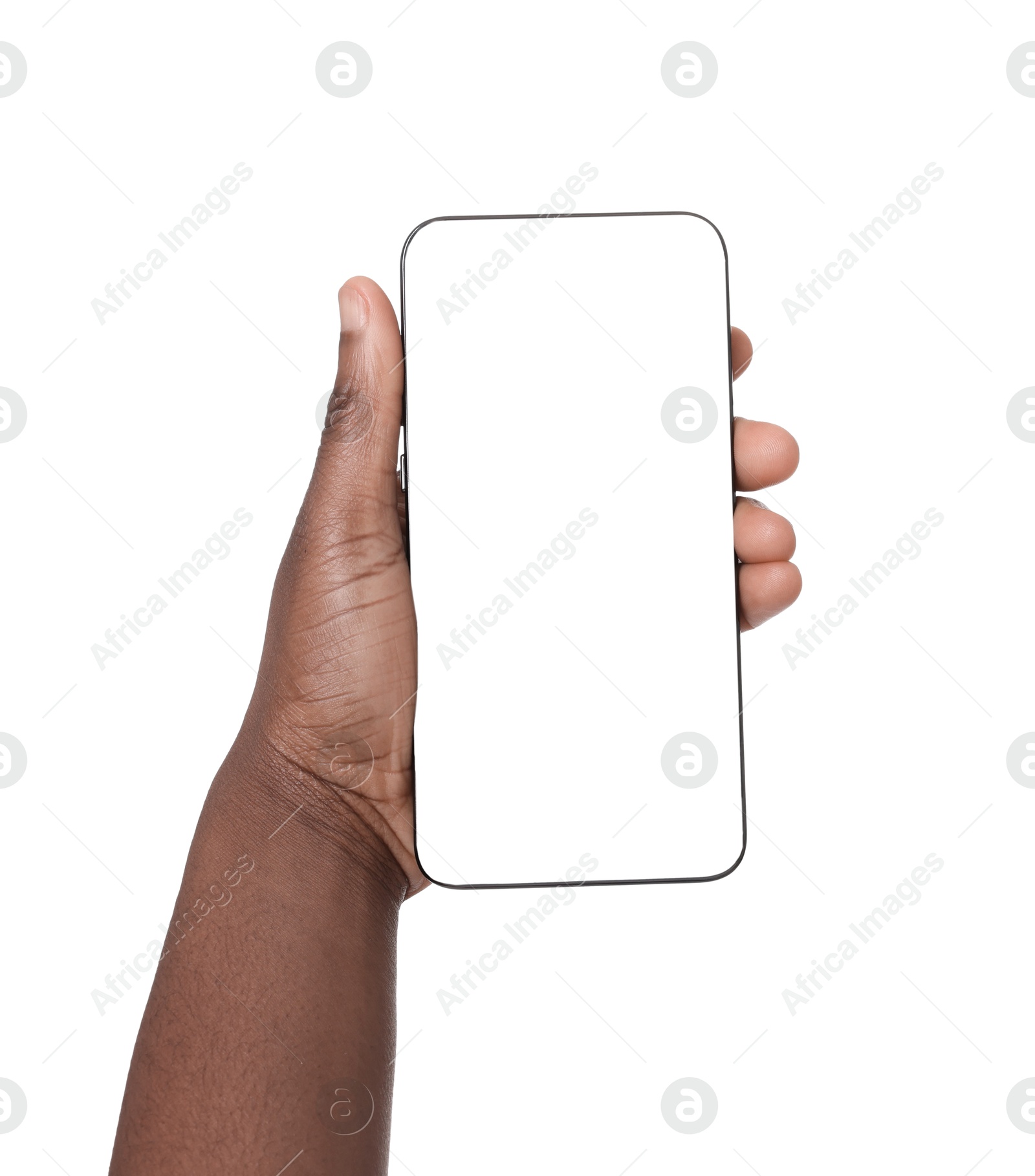 Photo of Woman with modern smartphone on white background, closeup