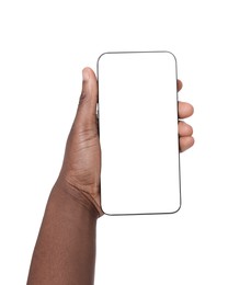 Photo of Woman with modern smartphone on white background, closeup