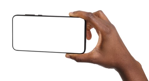 Photo of Woman with modern smartphone on white background, closeup