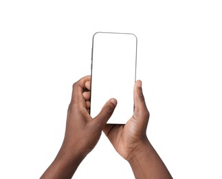 Photo of Woman with modern smartphone on white background, closeup