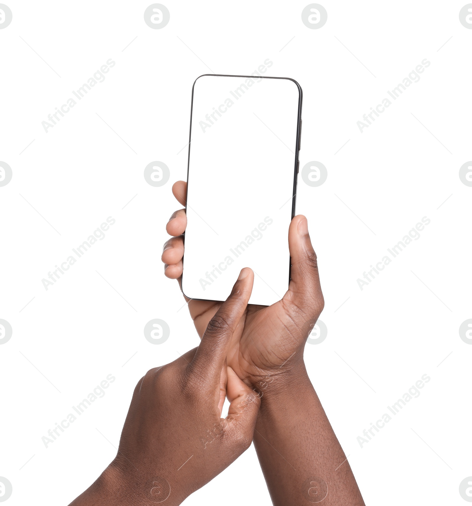 Photo of Woman with modern smartphone on white background, closeup