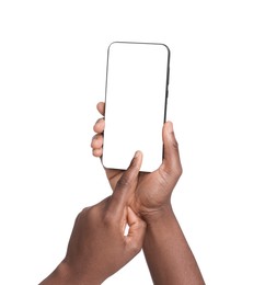 Photo of Woman with modern smartphone on white background, closeup