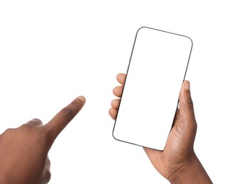 Photo of Woman with modern smartphone on white background, closeup