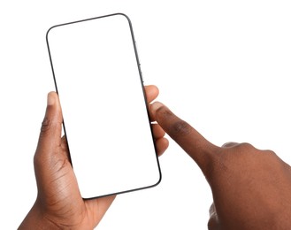 Photo of Woman with modern smartphone on white background, closeup