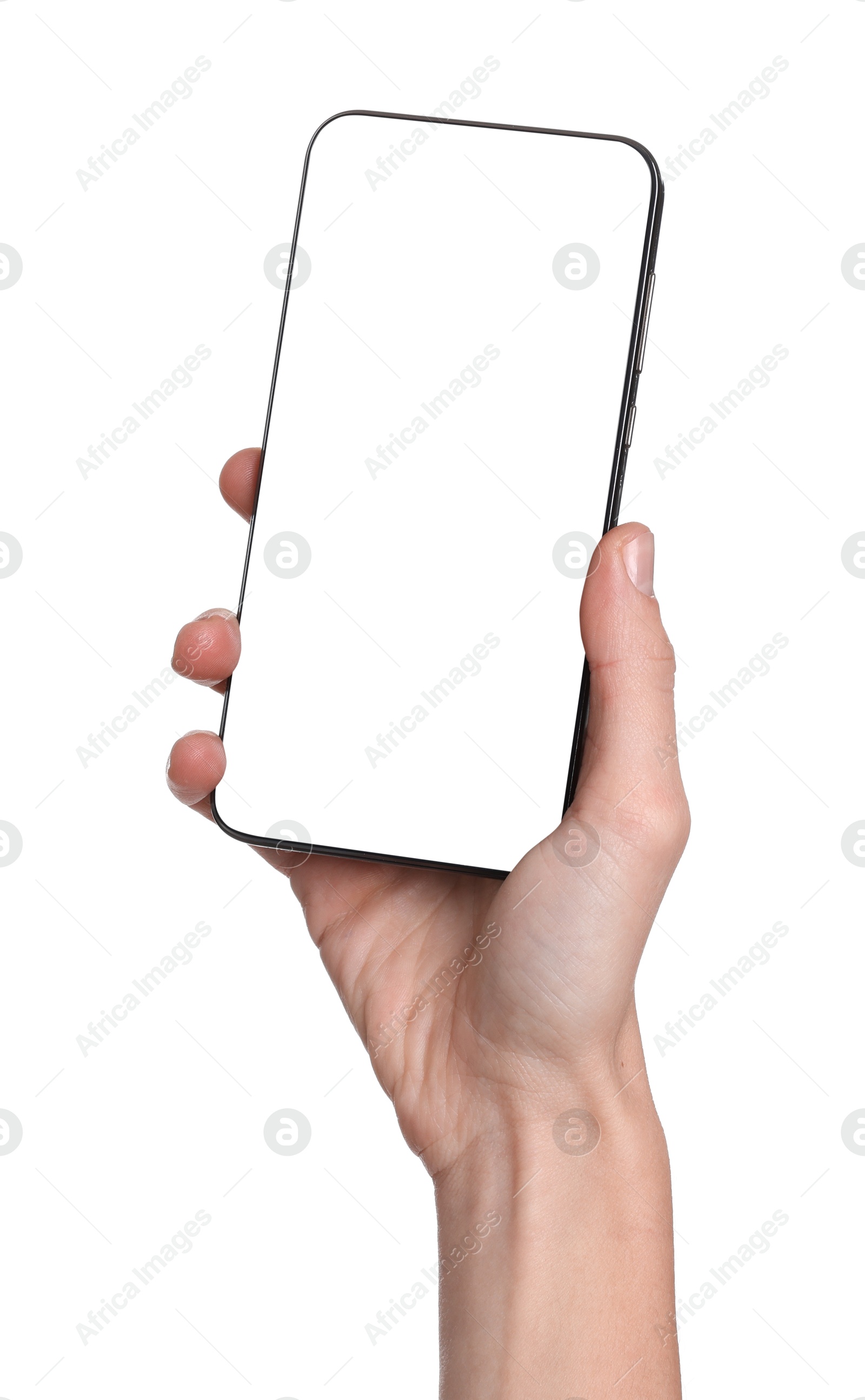 Photo of Woman with modern smartphone on white background, closeup