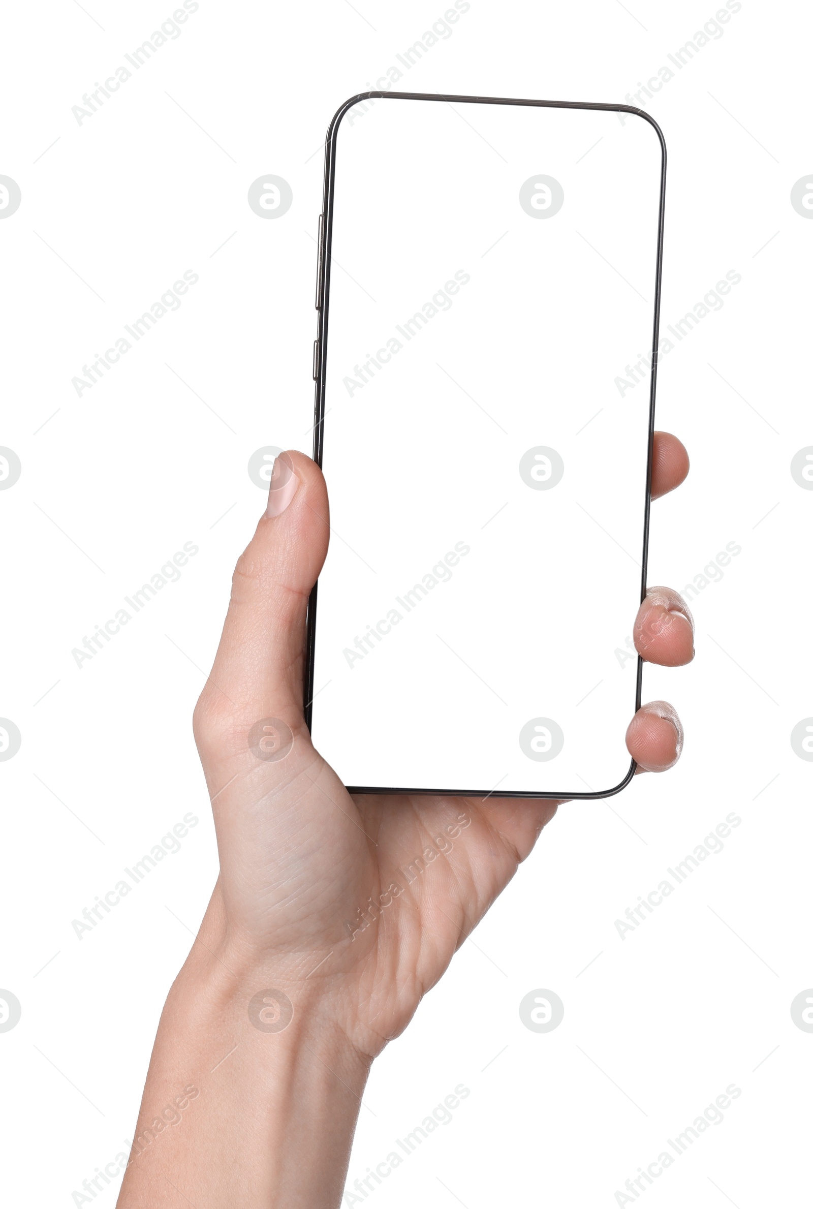 Photo of Woman with modern smartphone on white background, closeup