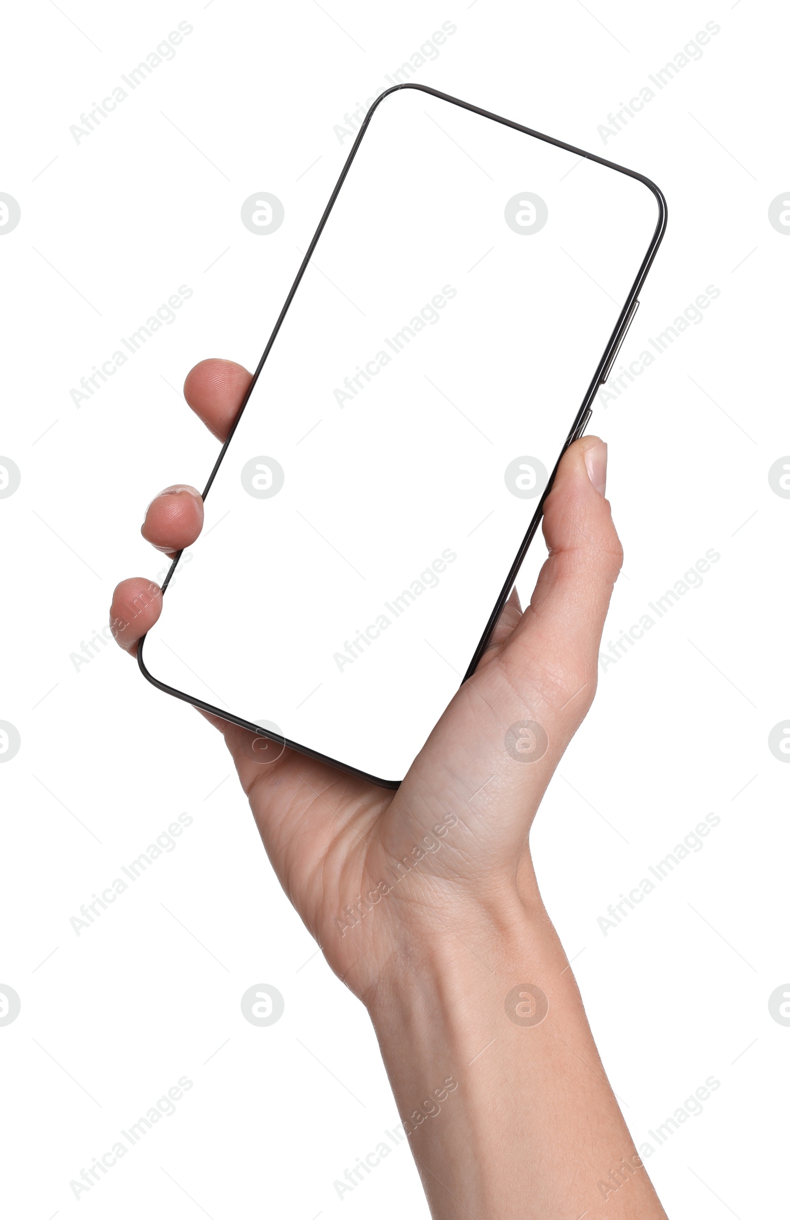 Photo of Woman with modern smartphone on white background, closeup