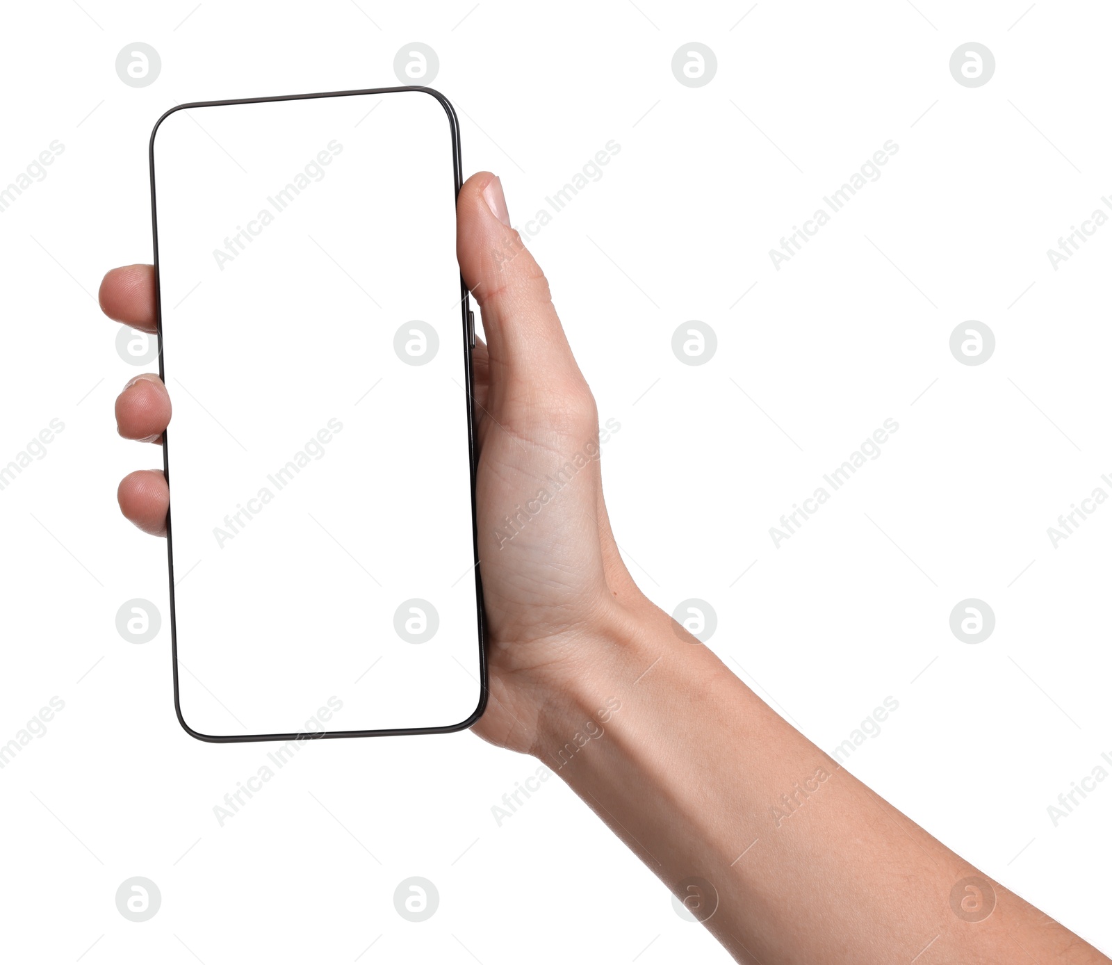 Photo of Woman with modern smartphone on white background, closeup