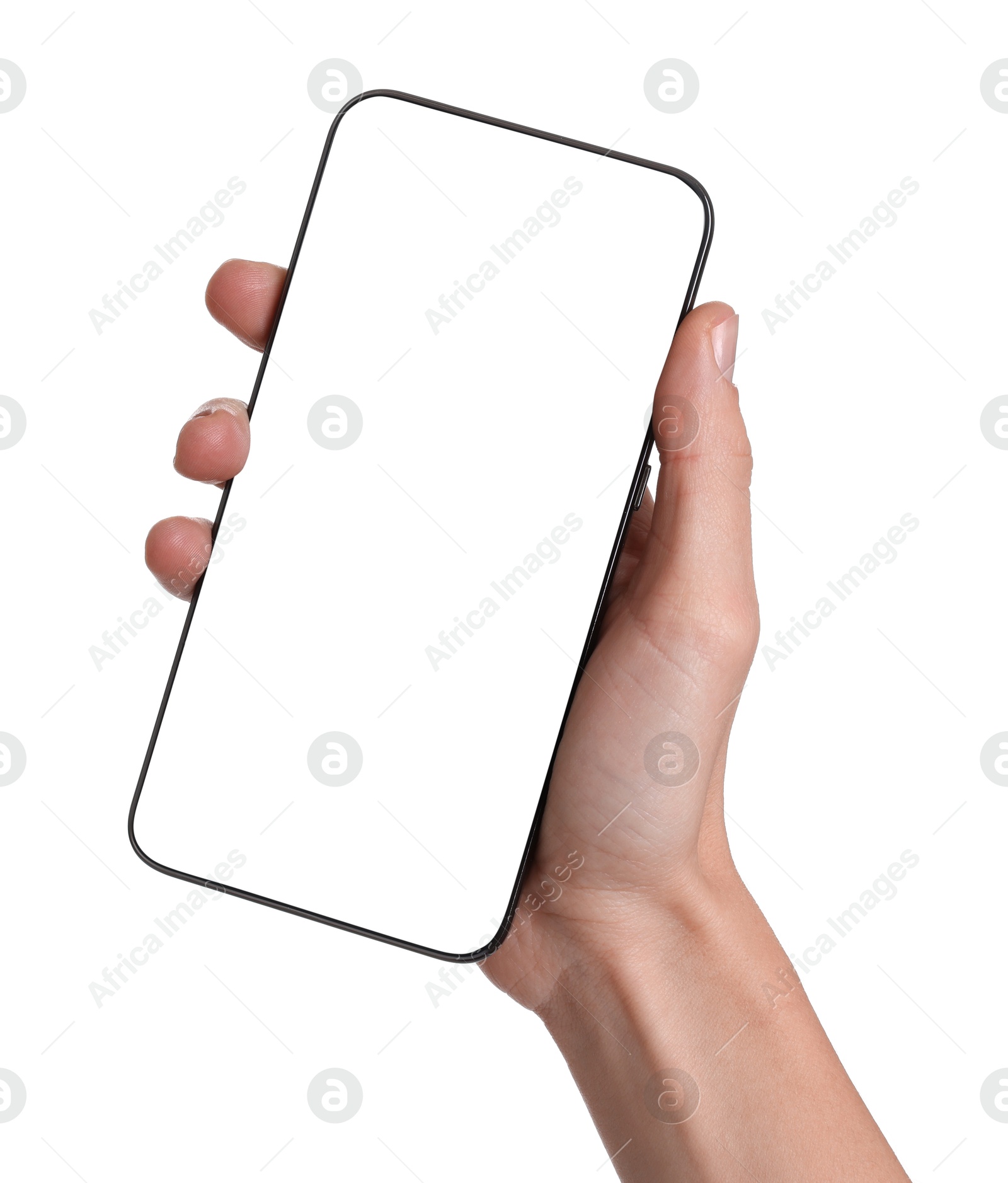 Photo of Woman with modern smartphone on white background, closeup