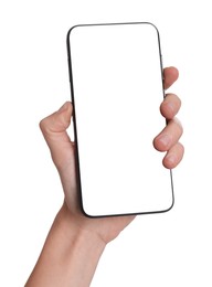 Photo of Woman with modern smartphone on white background, closeup