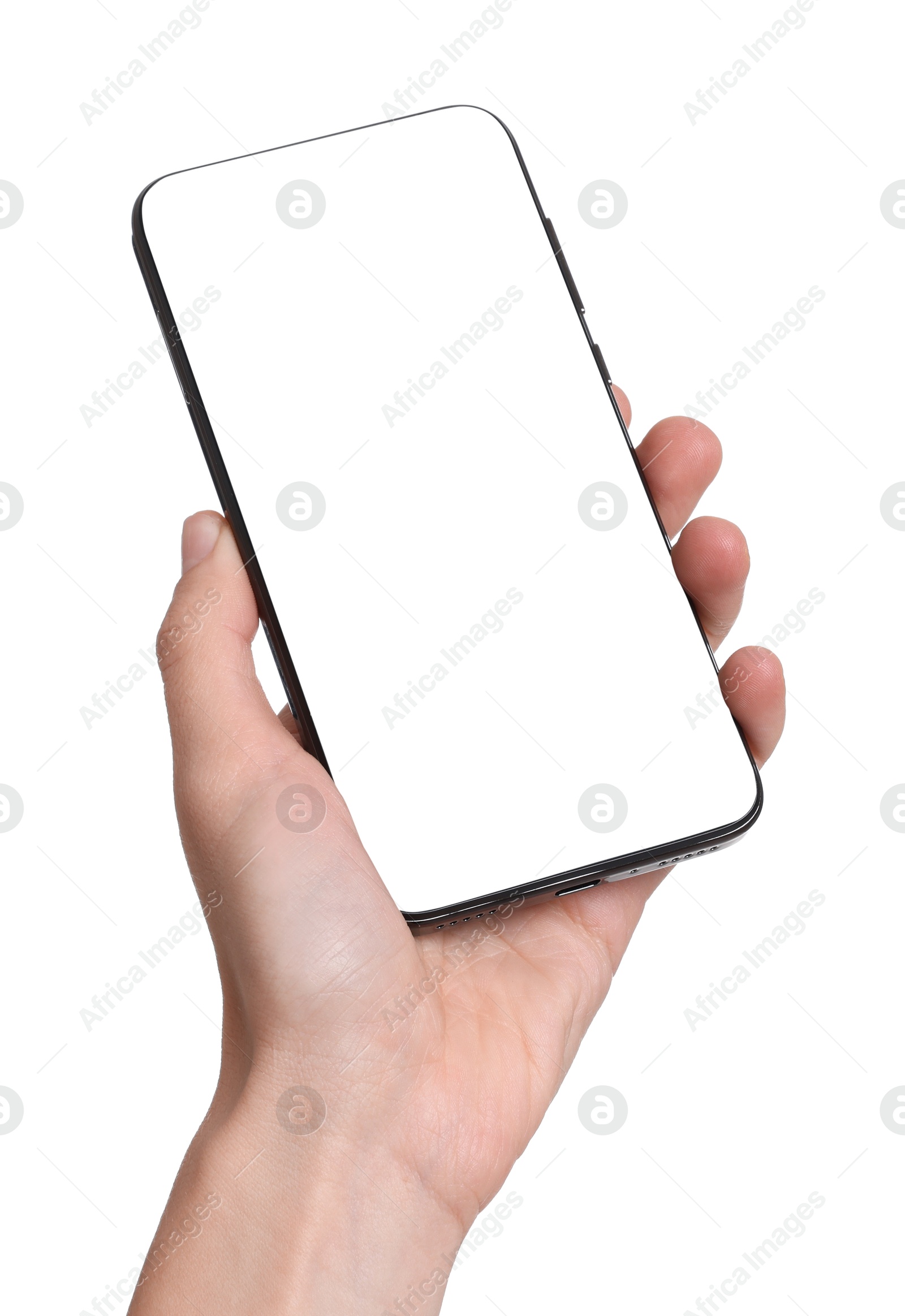 Photo of Woman with modern smartphone on white background, closeup