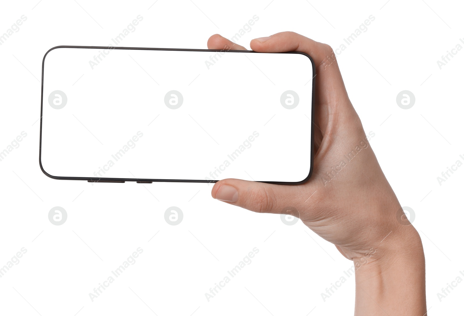 Photo of Woman with modern smartphone on white background, closeup