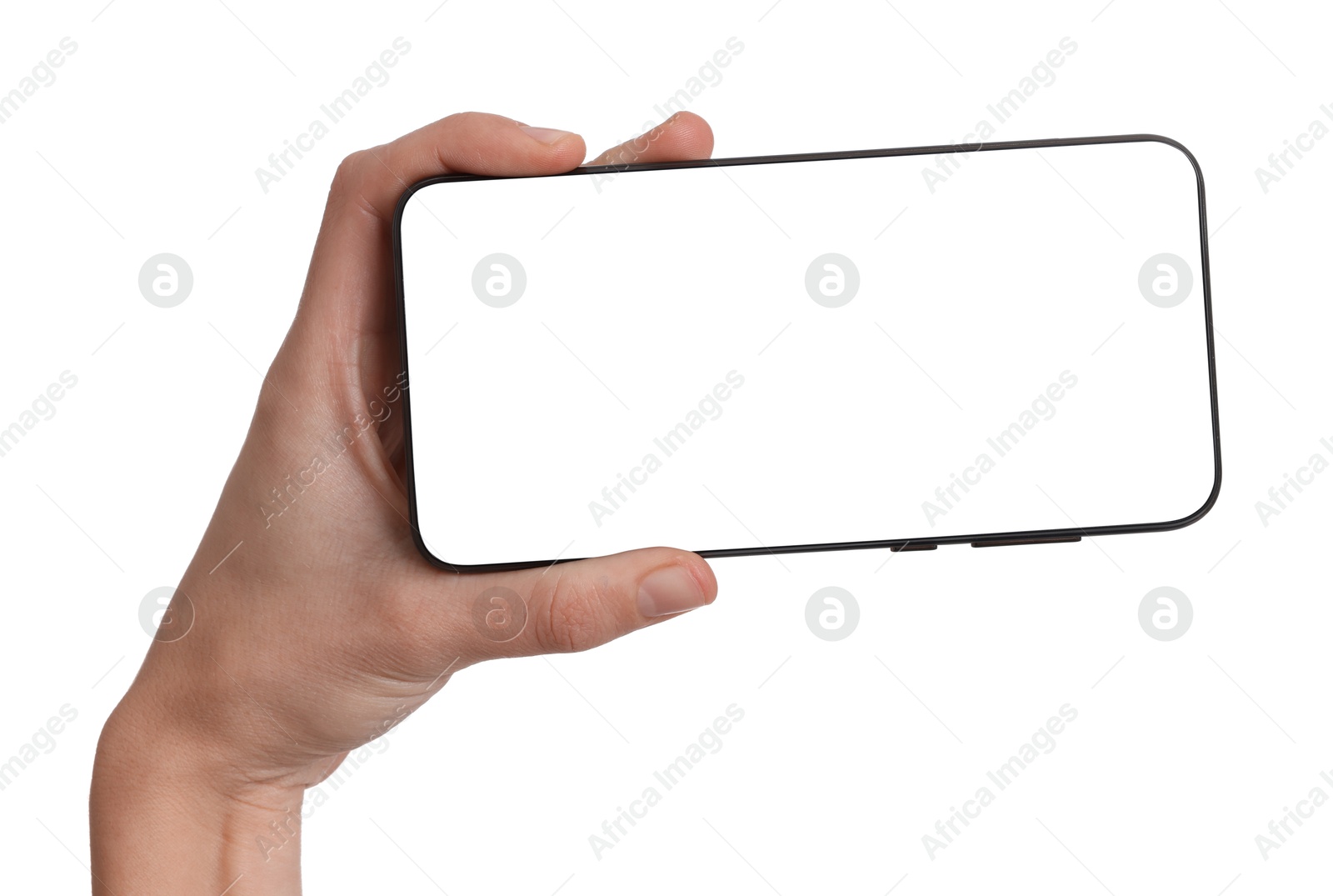 Photo of Woman with modern smartphone on white background, closeup