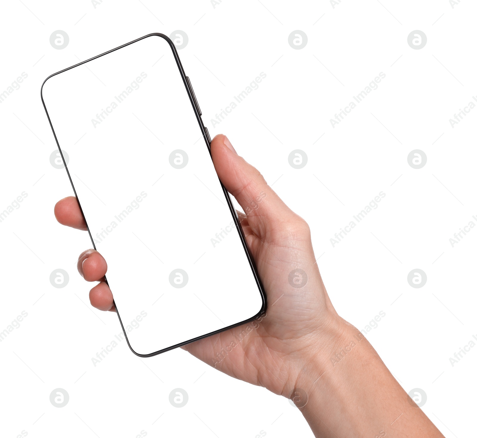 Photo of Woman with modern smartphone on white background, closeup