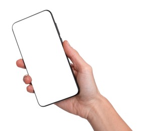 Photo of Woman with modern smartphone on white background, closeup