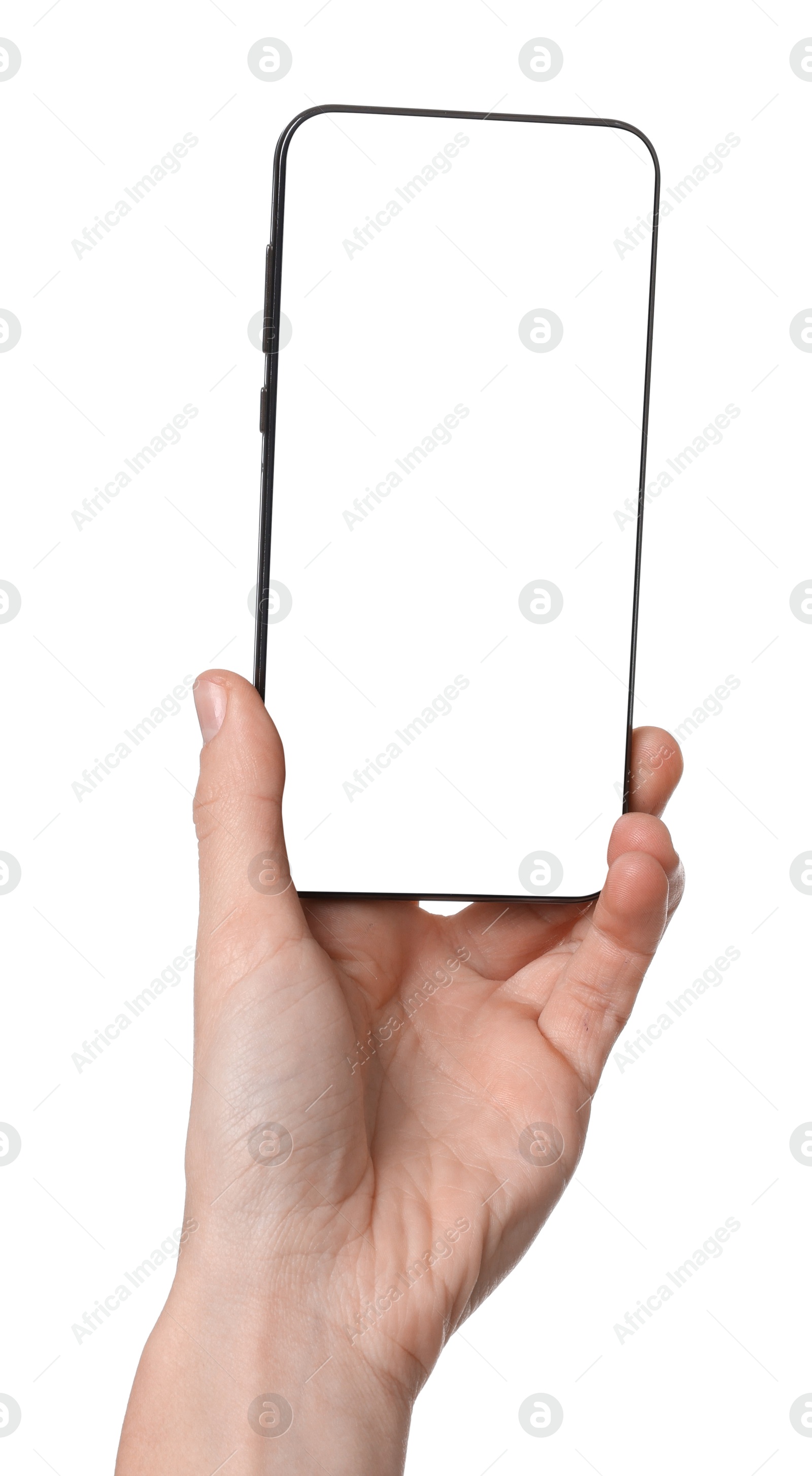 Photo of Woman with modern smartphone on white background, closeup