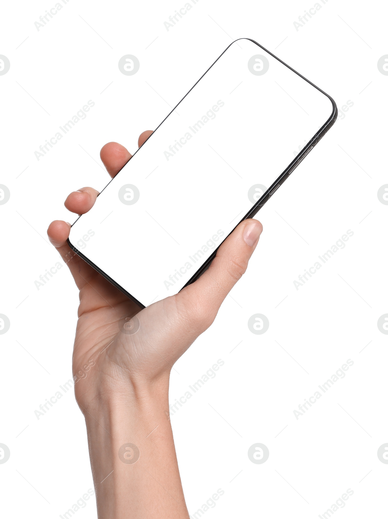 Photo of Woman with modern smartphone on white background, closeup