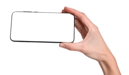 Photo of Woman with modern smartphone on white background, closeup